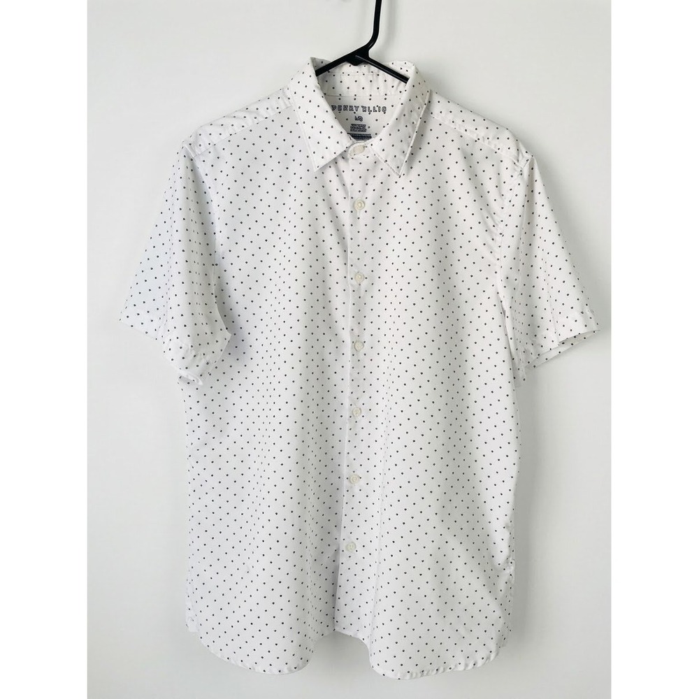 Perry Ellis Mens Slim Fit Stretch Short Sleeve Button Down Shirt White Print L